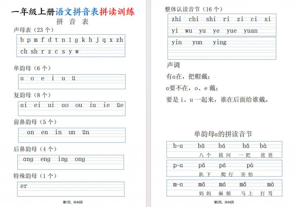 一年级上册拼音拼读训练可打印-晨风闲鱼