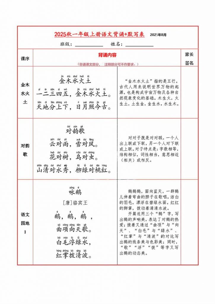 一年级暑假语文必背内容+默写表可打印-晨风闲鱼